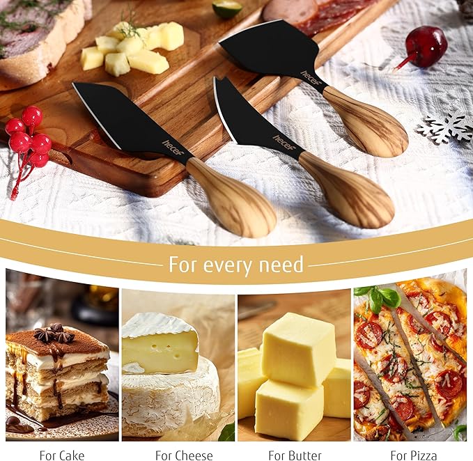 hecef Cheese Knife Set of 3, Includes Pronged, Hard Cheese & Chisel Knife, Matte Black Stainless Steel Knives with Wood Grain Handles, Cheese Tools for Charcuterie Boards, Entertaining