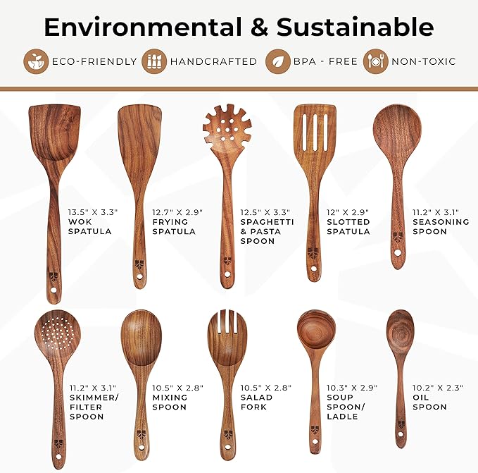 Wooden Spoons for Cooking – 10 Pc Teak Wood Utensil Set, Durable, Nonstick Safe & Heat Resistant with Ergonomic Handles - Unique Kitchen Gifts for Women Men, Cooking Gifts for Men Women