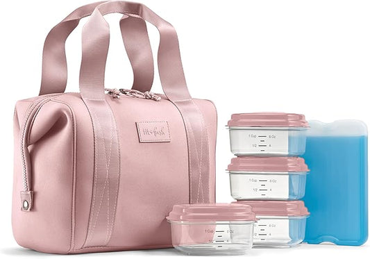 Fit & Fresh Remi Neoprene Lunch Bag For Women - Meal Prep Kit with Containers & XL Ice Pack, Self Insulating Neoprene-like Material, Machine Washable Lunch Bag, Tear-Resistant, Stain-Resistant, Mauve