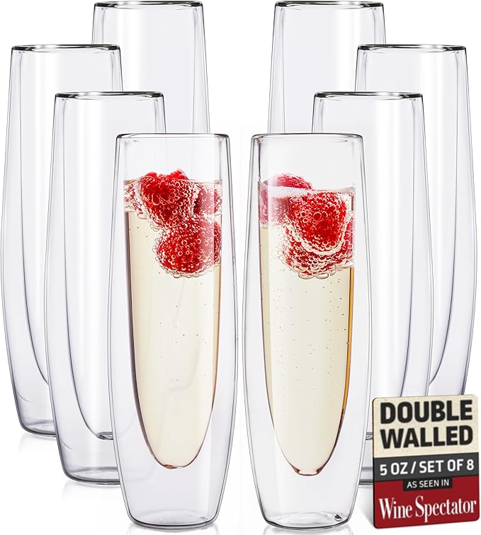 Eparé Stemless Champagne Flutes Glass - Set of 8 Modern Double Wall Stemless Flute Glasses for Champagne, Mimosas, and Prosecco - Elegant Gift-Boxed Champagne Glasses for Events