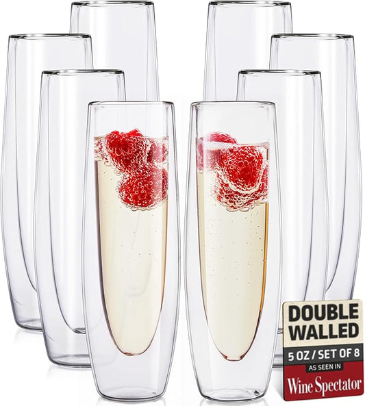 Eparé Stemless Champagne Flutes Glass - Set of 8 Modern Double Wall Stemless Flute Glasses for Champagne, Mimosas, and Prosecco - Elegant Gift-Boxed Champagne Glasses for Events