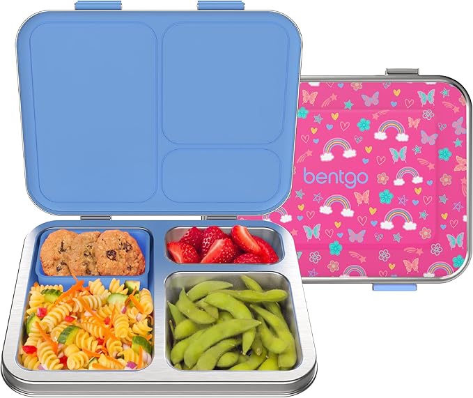 Bentgo Kids Stainless Steel Prints Leak-Resistant Lunch Box - 3-Compartments with Silicone Container, Durable, Eco-Friendly, Dishwasher Safe, BPA-Free, for School, Ages 3+ (Rainbows & Butterflies)