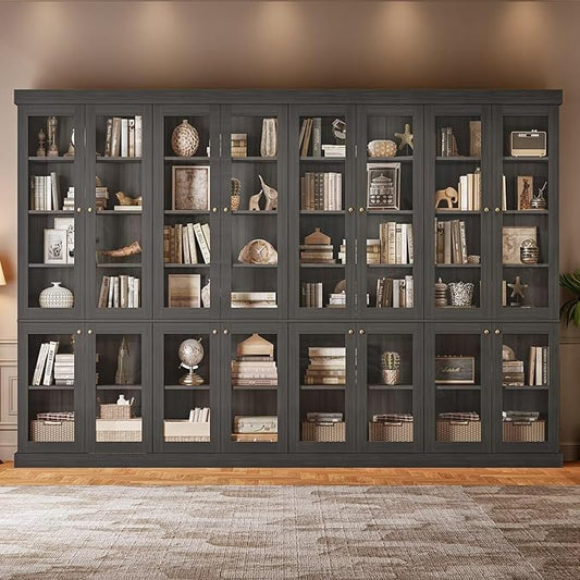 70.8" Tall Black Bookshelf with Glass Doors, Farmhouse Modular Bookcase with 6-Tier Adjustable Shelves, Large Storage Cabinet for Home Office, Living Room, Set of 4