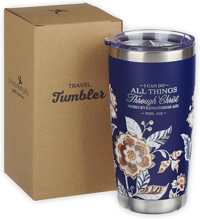 Christian Art Gifts Stainless Steel Scripture Tumbler Travel Mug for Women: All Things Through Christ Inspirational Bible Verse, Double-wall Vacuum Insulated w/Lid Hot/Cold, Navy Blue Floral, 18oz.