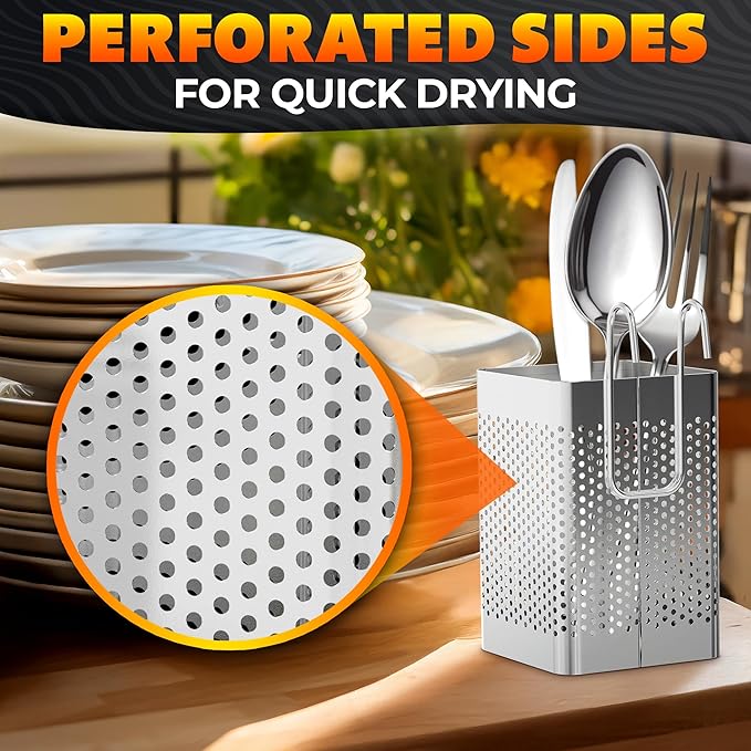 Dishwasher Chopstick Basket – 2.87" x 2.87" x 4" Stainless Steel Utensil Holder | Rust-Resistant Perforated Caddy with Hooks for Organizing Chopsticks, Straws, Teaspoons, and Small Kitchen Tools