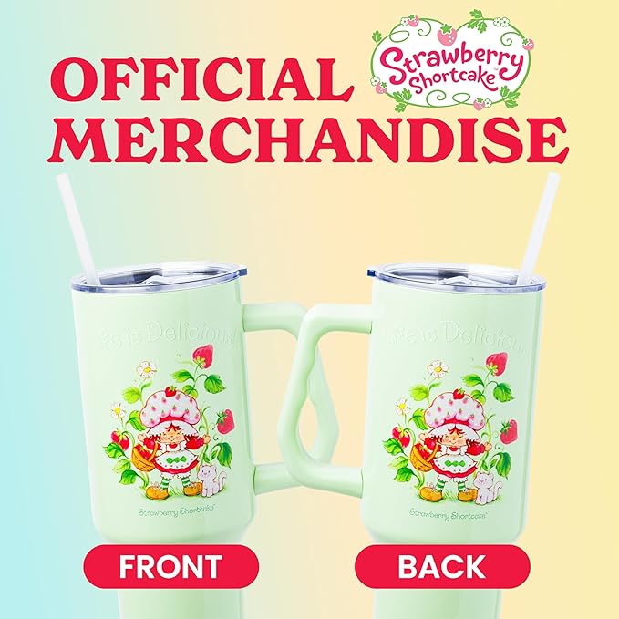 Silver Buffalo Strawberry Shortcake and Custard “Life is Delicious!” Stainless Steel Tumbler with Handle, Fits in Standard Cup Holder, 40 Ounces