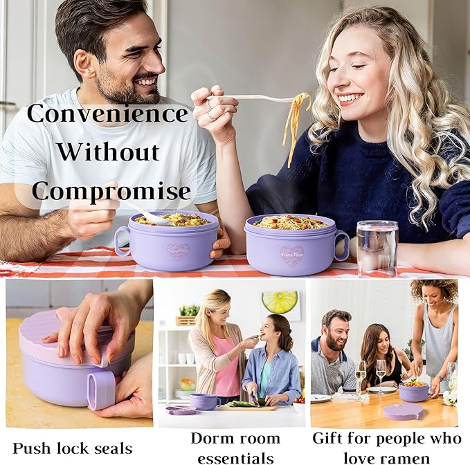 AI LOVE PEACE Ramen Bowls, 40 oz Large Microwavable Noodle Bowls (2 Purple) with Chopsticks, Sporks, and Utensil Bag, Portable Microwave Bowl for Home, Office, Dorm, or College Gift.