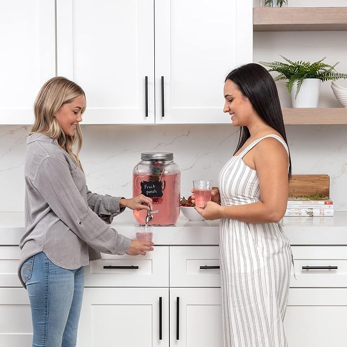 1 Gallon Glass Water Dispenser with Stainless Steel Spigot + Marker & Chalkboard, & Ice Cylinder - 100% Leakproof Beverage Dispenser Mason Jar Drink Dispenser Gallon Jug - Laundry Detergent Holder.