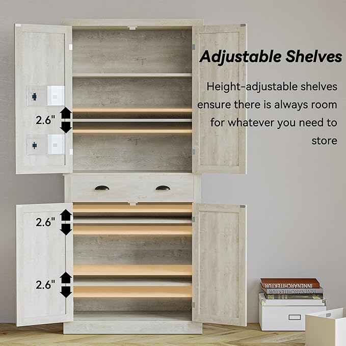 IRONCK Kitchen Pantry Storage Cabinet 72.6" H, with Barn Doors, Drawer, 4 Adjustable Shelves, Freestanding Cupboard for Dining Room Living Room, Laundry, Rustic Maple