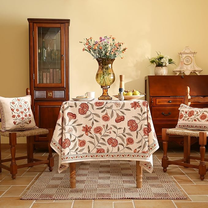 ISAENNE Designer French Square Tablecloth,Linen Orange Floral Pattern Indoor Table Cloth,Wrinkle Resistant Decor Table Cloth for Dining Thanksgiving Kitchen Party,67"*67"-Alvarado D