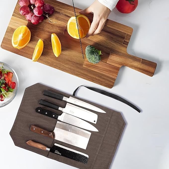 HERSENT A Chef's Knife Roll Bag - Portable Travel Chef Knife Case Carrier Holder Storage Bag With 4 Slots Best Gift For Pro Chef Or Culinary Enthusiasts Men Women HGJ03-P (Coffee)