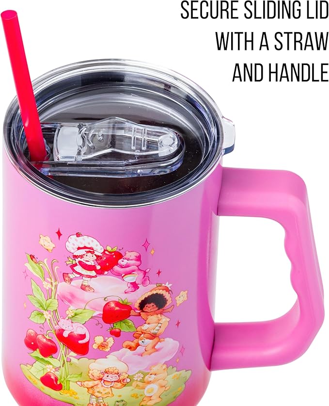 Silver Buffalo Care Bears and Strawberry Shortcake Ombre Stainless Steel Tumbler with Handle, Fits in Standard Cup Holder, 40 Ounces