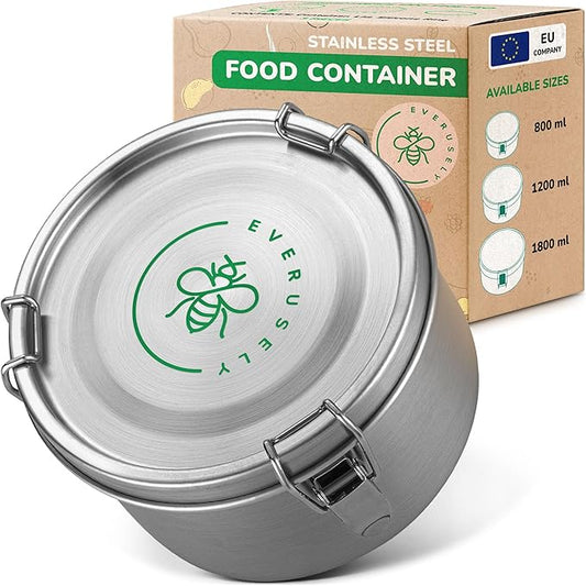 Stainless Steel Food Storage Container with Lid - 60 oz / 1.8 L - Metal Lunch + Meal Prep Tin with Food-Safe Leakproof Seal - Stackable Pantry Snack Organizer - Reusable Travel Lunchbox for Leftovers