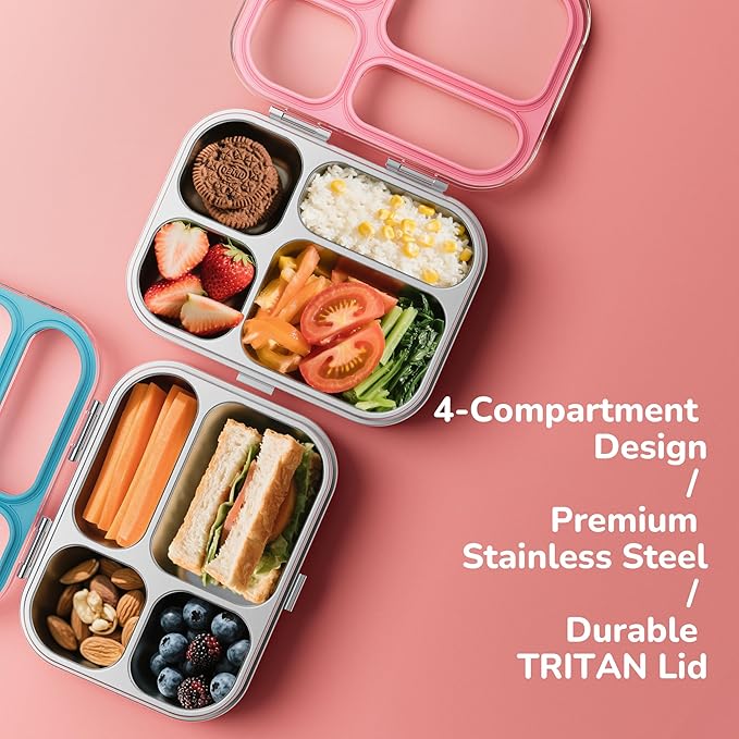 G.a HOMEFAVOR Kids Stainless Steel Lunch Box - 4-Compartment Bento Box with Locking Lid, One-Touch Latch, Leakproof Food Container for School, Travel, 800 ml, Pink