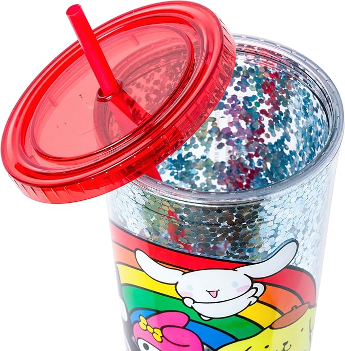Silver Buffalo Sanrio Hello Kitty and Friends Featuring Cinnamoroll, Badtz-Maru, My Melody, Pompompurin, Tuxedo Sam, and Chococat Rainbow Plastic Confetti Cold Cup with Lid and Straw, 32 Ounces