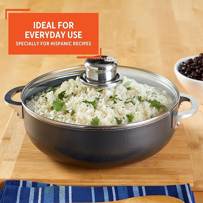 IMUSA 6.9qt Charcoal Aluminum Nonstick Caldero with Glass Lid, Black
