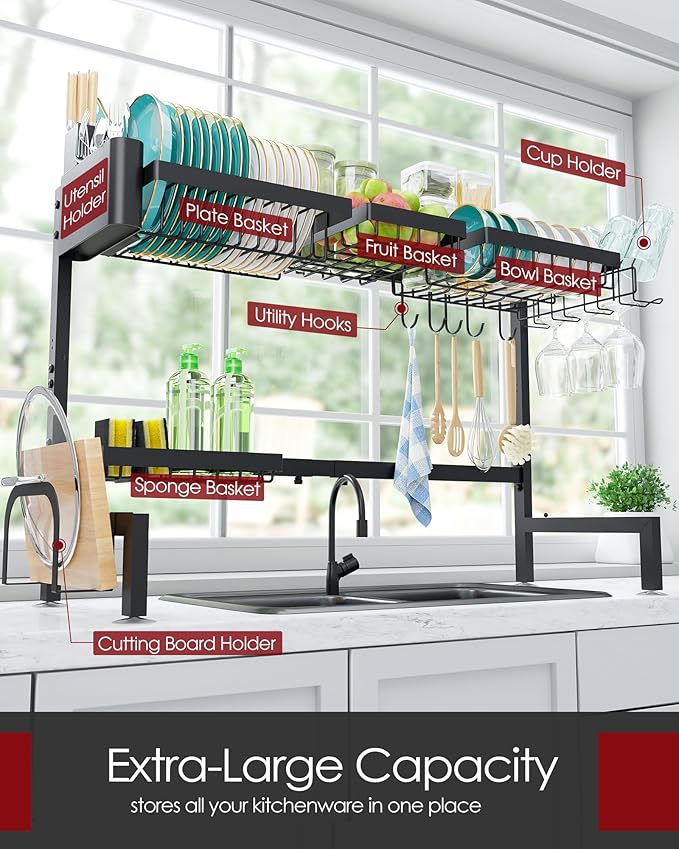 Over The Sink Dish Drying Rack - Adjustable 2 Tier X-Large Capacity Stainless Steel Drainer with Cutlery & Utensil Holders, Kitchen Storage & Organization, 31.5"-39.5"L x 12"W x 24.5"H, Black