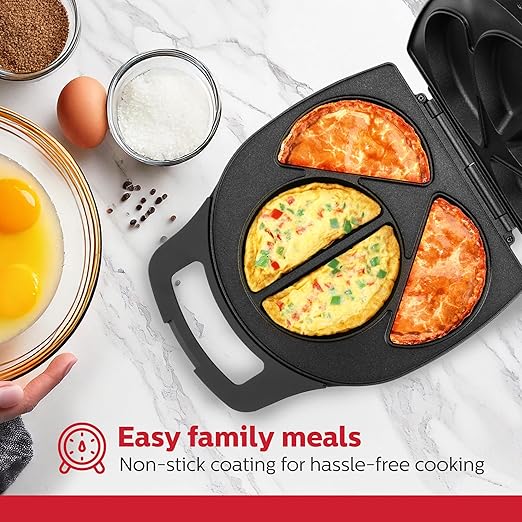 Holstein Housewares Stainless Steel 4 Section Omelet Maker, Non Stick Coating, Mess Free Cooking, Easy Cleaning, Indicator Lights, Upright Storage & Anti Slip Feet For Quick Meals. 4 Portions, Black