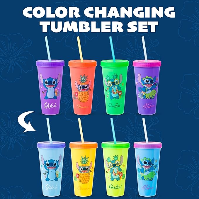Silver Buffalo Disney Lilo and Stitch Tropical Poses 4 Pack Color Change Plastic Tumbler, 24 Ounces