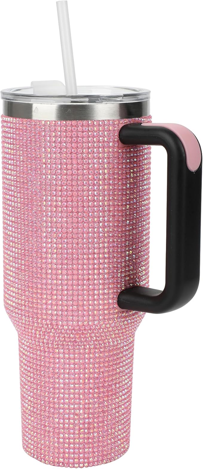 Bioworld Pink Rhinestone Vacuum Insulated 40 Oz. Stainless Steel Tumbler with Leak-Proof Lid & Easy Carry Handle for Travel or Home