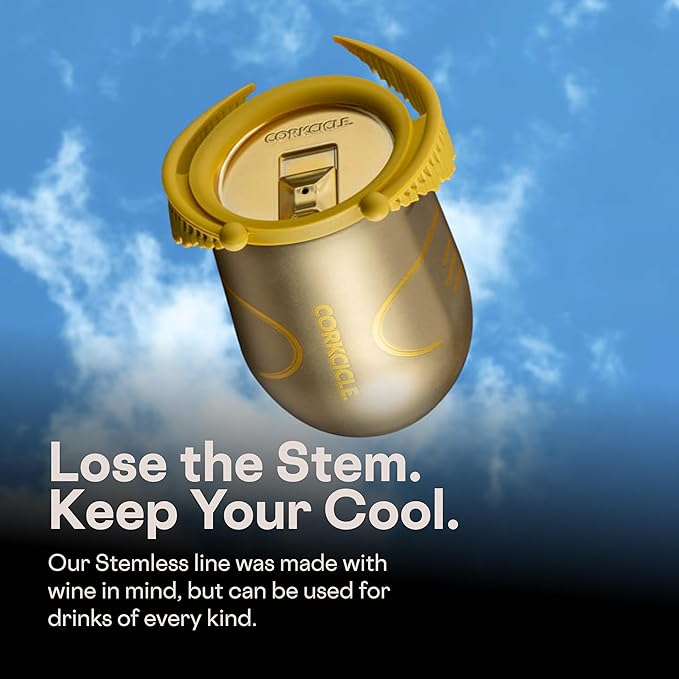 Corkcicle Stemless Insulated Wine Glass Tumbler - Keeps Beverages Cold 6 Hours & Hot 3 Hours - Stainless Steel - Easy-Grip - Summer Drinkware Gift - Keeps Drinks Ice Cold - 12 oz - Golden Snitch