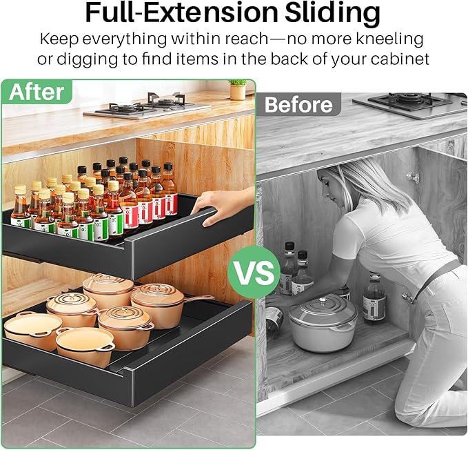 Pull out Cabinet Organizer, 21"Deep, 11.8"Wide Full-Extension Heavy Duty Slide out Drawers with Nano Adhesive, Roll Out Shelves Sliding Cabinet for Kitchen, Bathroom, Pantry,Under Sink Storage(Black)