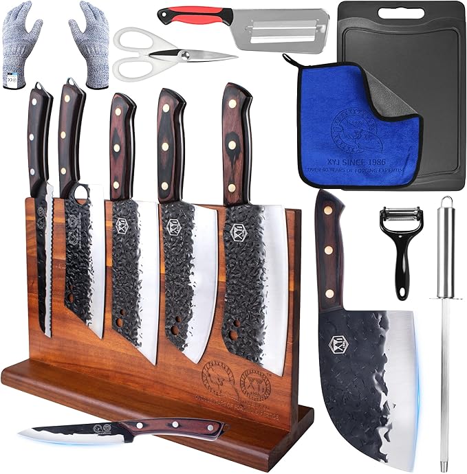 XYJ Authentic Since 1986,Kitchen Knife Block Set,High Carbon Steel Blades,Full Tang Knives Set with Block,Cutting Board,Sharpening Stick,Scissors,Gloves,Slicing Butcher Chef Knives,Wood Handle