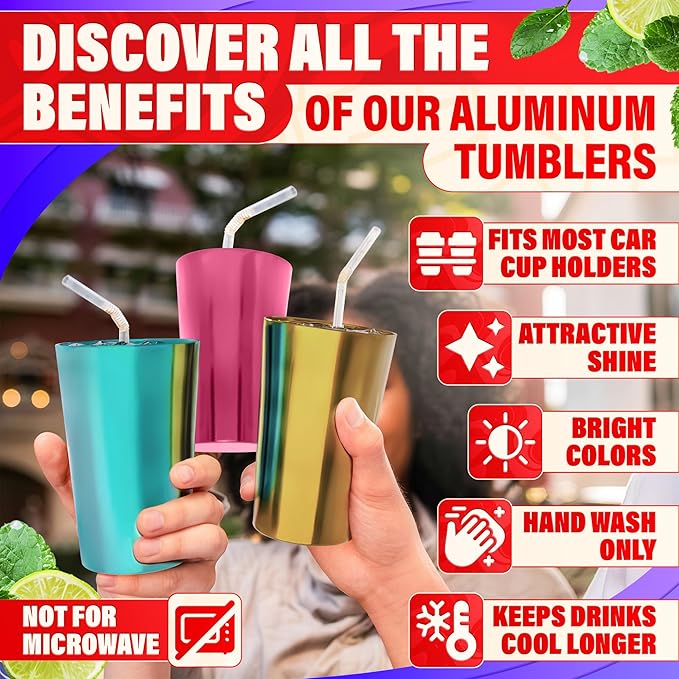 Retro Aluminum Cups 15 oz Set of 6 - Christmas Metal Tumblers for Cold Drinks, Festive Color-Finished Metal Cups for Drinking, Stackable and Dishwasher-Safe, for Home, Camping, Patio & Holiday Parties