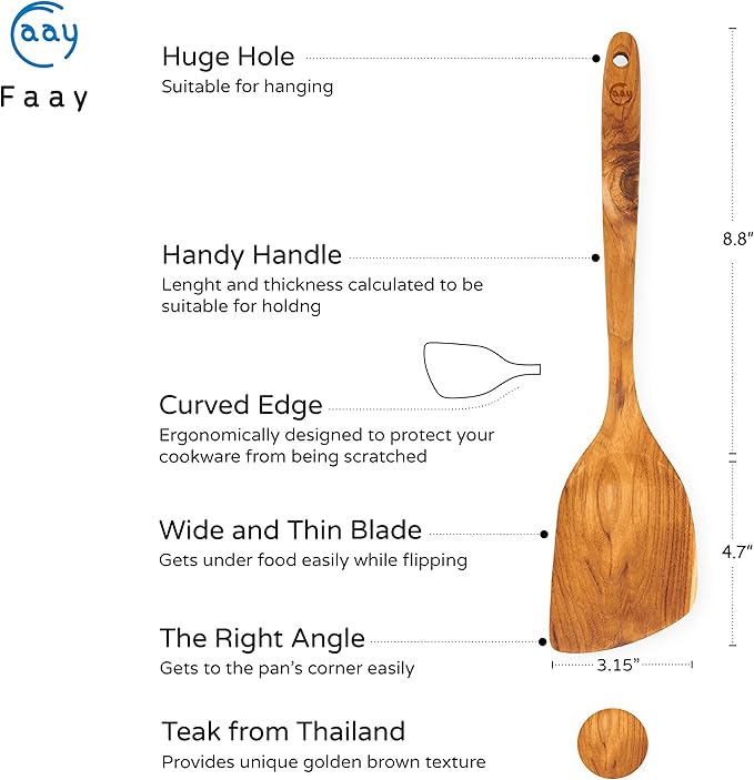 FAAY 13.5” Right-Hand Stir Fry Spatula – Thin Edge Teak Wooden Turner for Wok & Nonstick Pans, Natural Coconut Oil Finish, Handcrafted Wood Tool for Stirring & Flipping