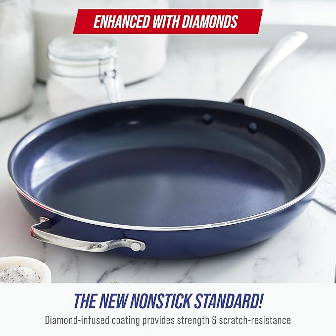 Blue Diamond 14" Nonstick Frying Pan Skillet, Diamond Infused PFAS & PTFE-Free Ceramic Pot, Dishwasher & Oven Safe, Stay Cool Handle, Durable Non Toxic Metal Utensil Safe, Family Jumbo Pan, Blue