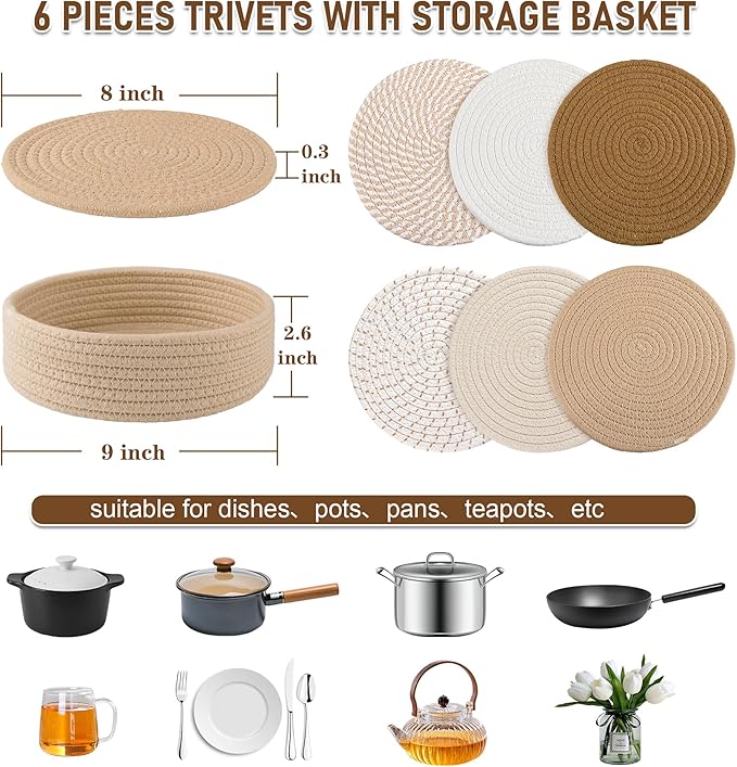 8" Trivets for Hot Dishes, Hot pots and Pans,6 Heat Resistant Hot Pads and Storage Basket 1 Pack,Pot Holders for Kitchen, Hot Plate Mats for Kitchen Countertops