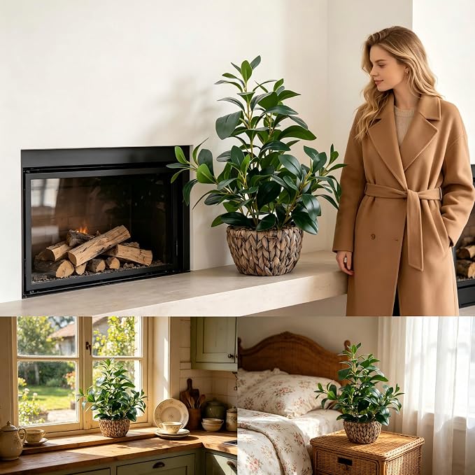 AlphaAcc 18.8 Inch Artificial Ficus Plant Indoor Faux Greenery Potted in Rattan - Image 4
