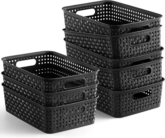 [ 8 Pack ] Plastic Storage Baskets, Small Pantry Organization and Storage Bins, Household Organizers for Laundry Room, Bathrooms, Kitchens, Cabinets, Countertops, Under Sink or Shelves, Black