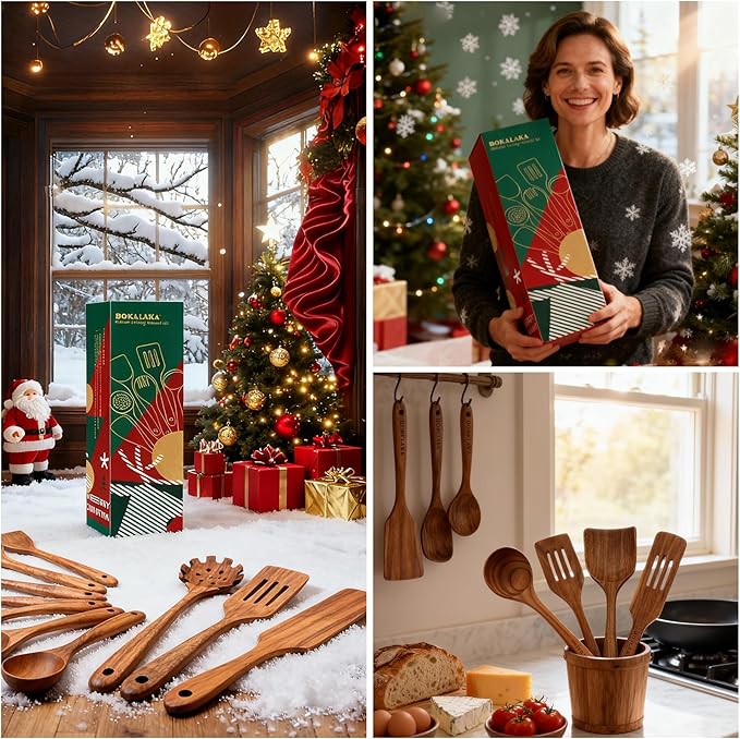 Christmas Teak Wooden Kitchen Utensil Set,12 Pcs Natural Wooden Spoons for Cooking with Red & Green Christmas Gift Packaging, Non-Stick Friendly(12 PCS Xmas Gift)