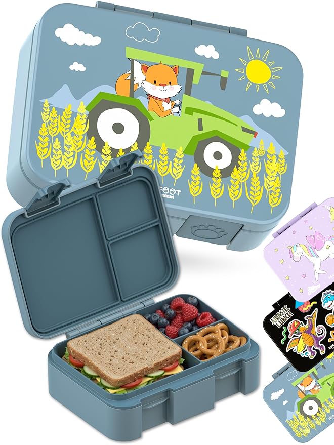 BEARFOOT Kids Lunch Box with Compartments – Compact & Lightweight | Leak-Proof, BPA-Free, Dishwasher & Microwave Safe | Hand-Drawn Design for Preschool, School, Travel (Tractor Fox Blue, 2.75 Cups)
