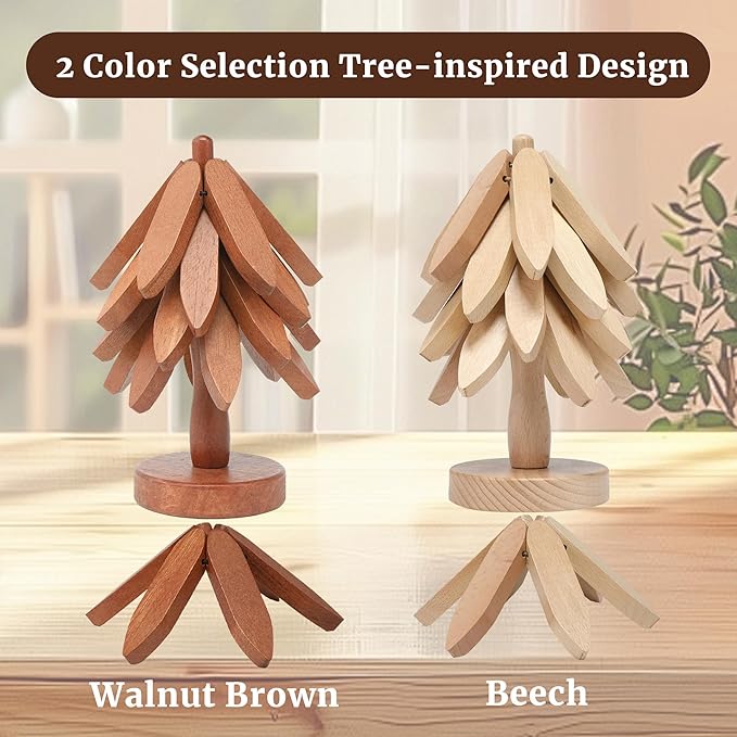 Tree Shape Wooden Trivets for Hot Dishes，4 Wooden Trivets + 1 Stand stored Like a Christmas Tree，for Easy Storage，Multifunctional Ornaments (Beech)