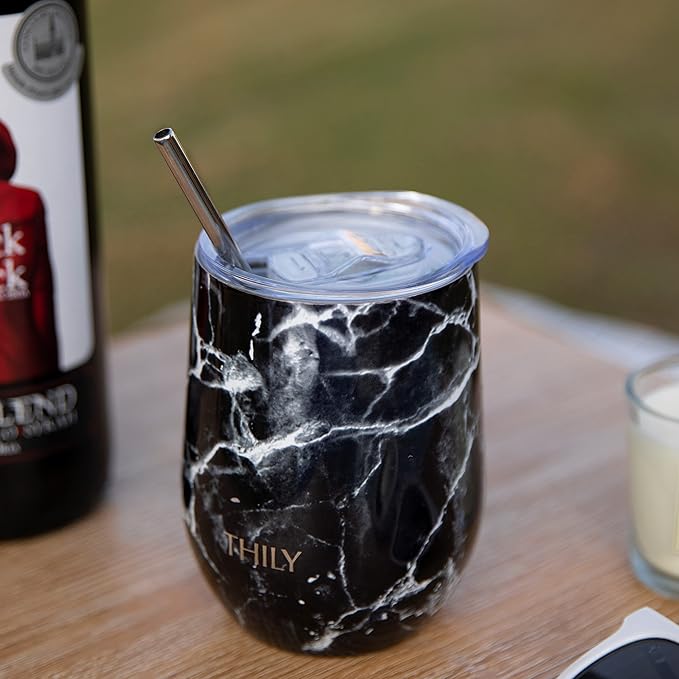 THILY Wine Tumbler Stainless Steel Insulated Stemless Wine Glass with Lid and Straw, Travel Cup Keep Cold for Coffee, Cocktails, Black Marble