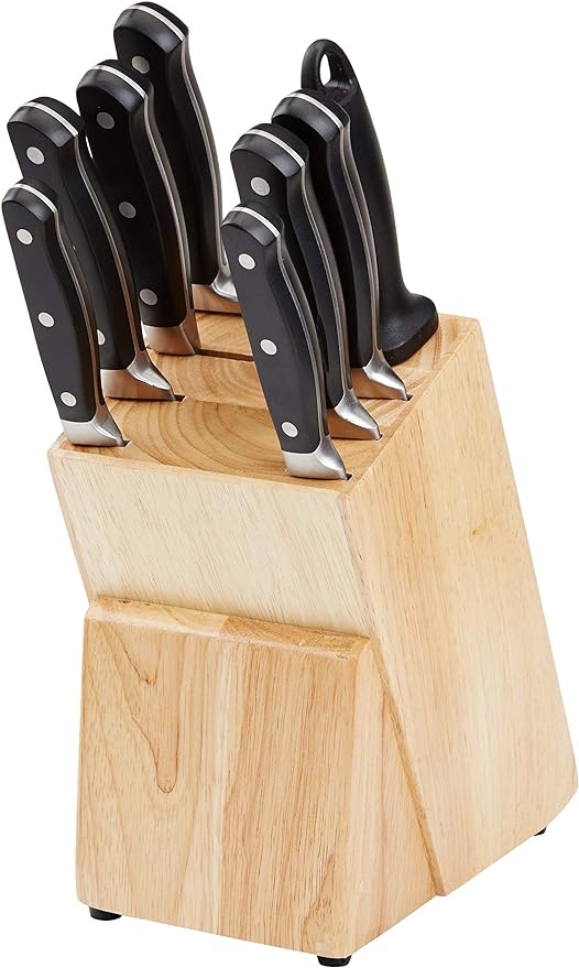 Amazon Basics 9 Pieces Premium High-Carbon Stainless-Steel Blades with Pine Wood Knife Block Set, Kitchen, Black