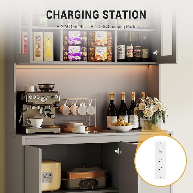 Garvee Kitchen Pantry Cabinet,71 in Tall Storage Cabinet with Doors&Shelves Adjustable, Kitchen Storage Hutch with Microwave Shelf, Led Lights&Charging Station,Corner Pantry Cabinet