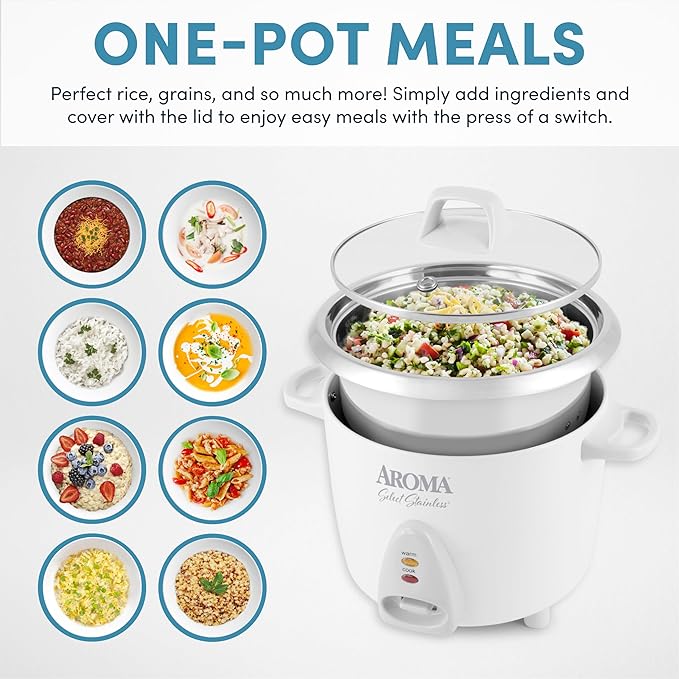 Aroma Housewares Select Stainless Rice Cooker & Warmer with Uncoated Inner Pot, 14-Cup(cooked) / 3Qt, ARC-757SG
