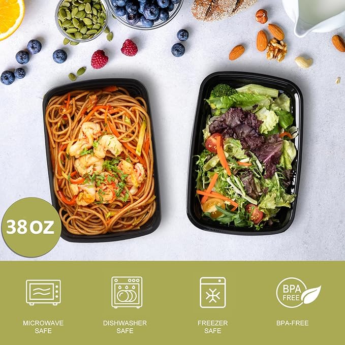 50 Pack- Meal Prep Containers 38oz, Plastic Food Prep Containers Reusable, Leakproof To Go Food Containers with Lids, BPA-Free, Microwave/Dishwasher/Freezer Safe