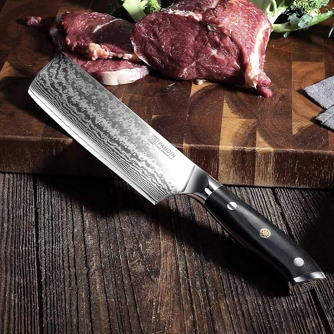 PAUDIN Nakiri Knife 7'', Damascus Chef Knife, Japanese VG-10 Stainless Steel, Kitchen Knife with G10 Full Tang Handle, Razor Sharp 67-Layer Forged Blade