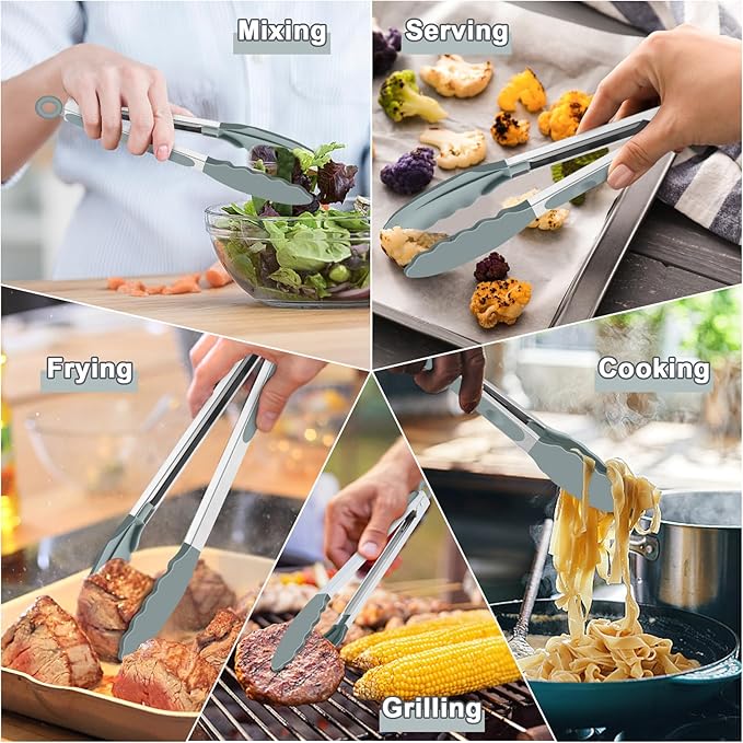 TeamFar Kitchen Tongs, 9" and 12" Stainless Steel Cooking Tongs with Silicone Tips for Cooking Grilling Serving & BBQ, Heat Resistant Silicone Tongs, Locking Design & Dishwasher Safe, Set of 2 & Grey