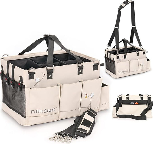 FifthStart Multiuse Cleaning Caddy - Adjustable Straps & Caddy Organizer with Handle - Mesh Base & 9 Pockets Organizer Bag - 5 Dividers & Washable Fabric Cleaning Tote (beige, XL)