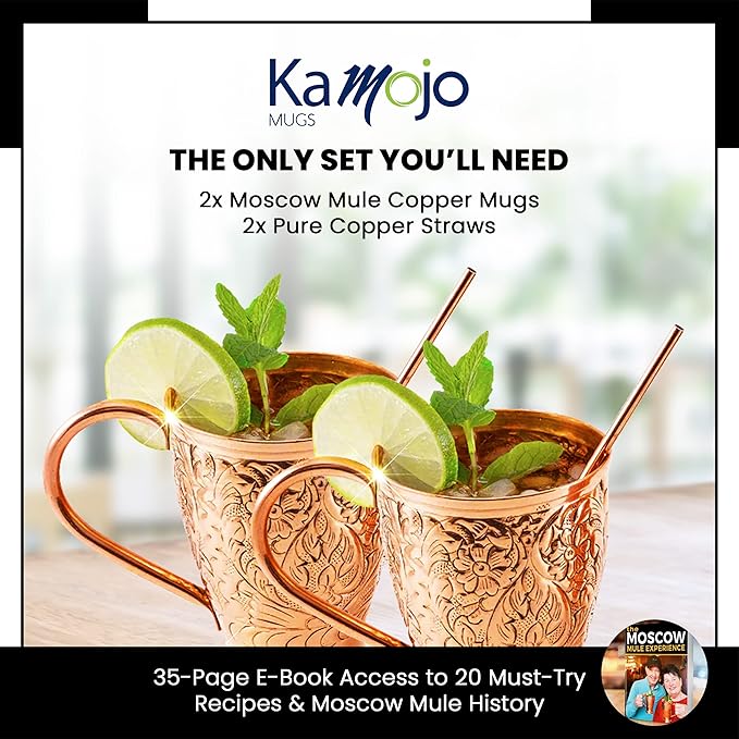 Copper Cups Set of 2 with Unique Handcrafted Embossed Design with Anti-Tarnish Food-Grade Coating - Moscow Mule Copper Mugs Gift Set with 2 Straws & Recipe E-Book, 16 oz