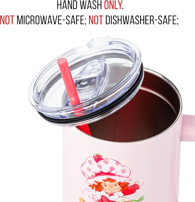 Silver Buffalo Strawberry Shortcake and Custard “Sweet” Stainless Steel Tumbler with Handle, Fits in Standard Cup Holder, 40 Ounces