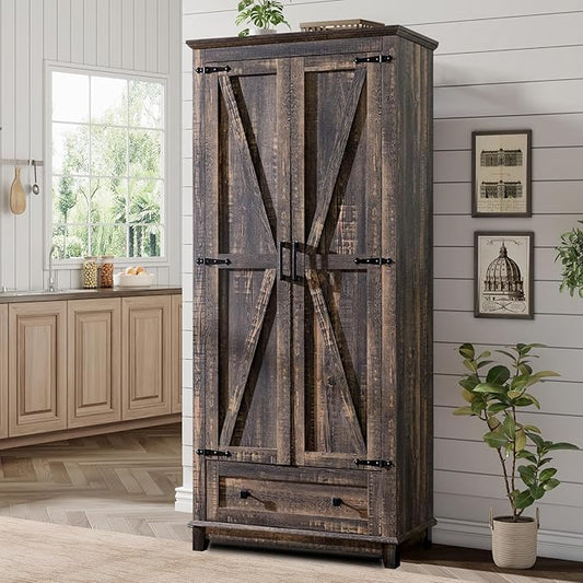 Farmhouse Kitchen Pantry Cabinet, 72" Tall Storage Cabinet with Adjustable Shelves & Barn Doors, Freestanding Kitchen Cupboard for Dining Room, Living Room, Dark Rustic Oak