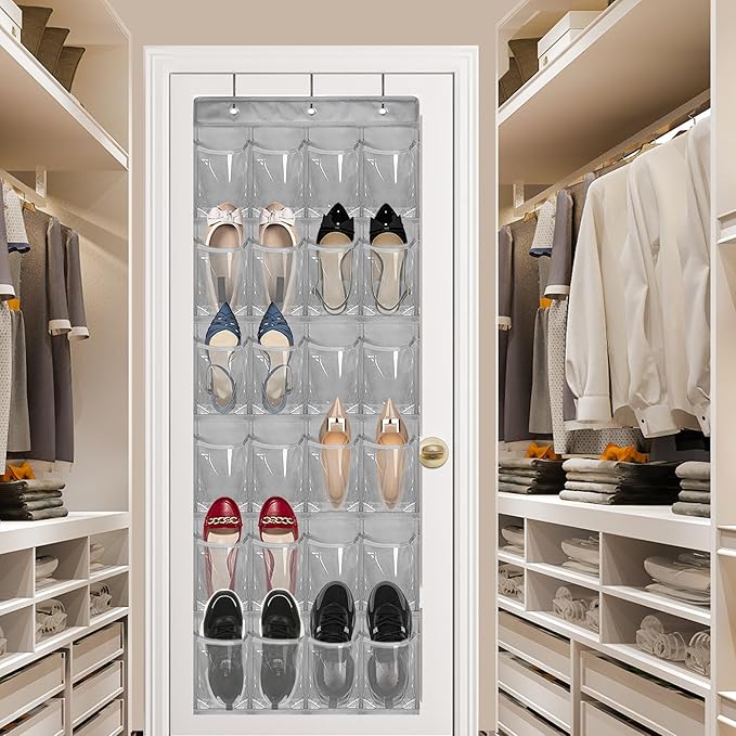 Over The Door Shoe Organizer - Space Saving Shoe Rack for Closet Door with 24 Pockets and Hook, Shoe Holder Back of Door Organizers for Shoes, Gray Hanging Shoe Organizer (Gray)