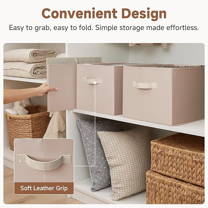 StorageWorks Storage Baskets for Shelves, Foldable Fabric Closet Storage Bins with Handles, Fabric Storage Bins Clothes Organizer, Light Brown, 3-Pack, Extra Large