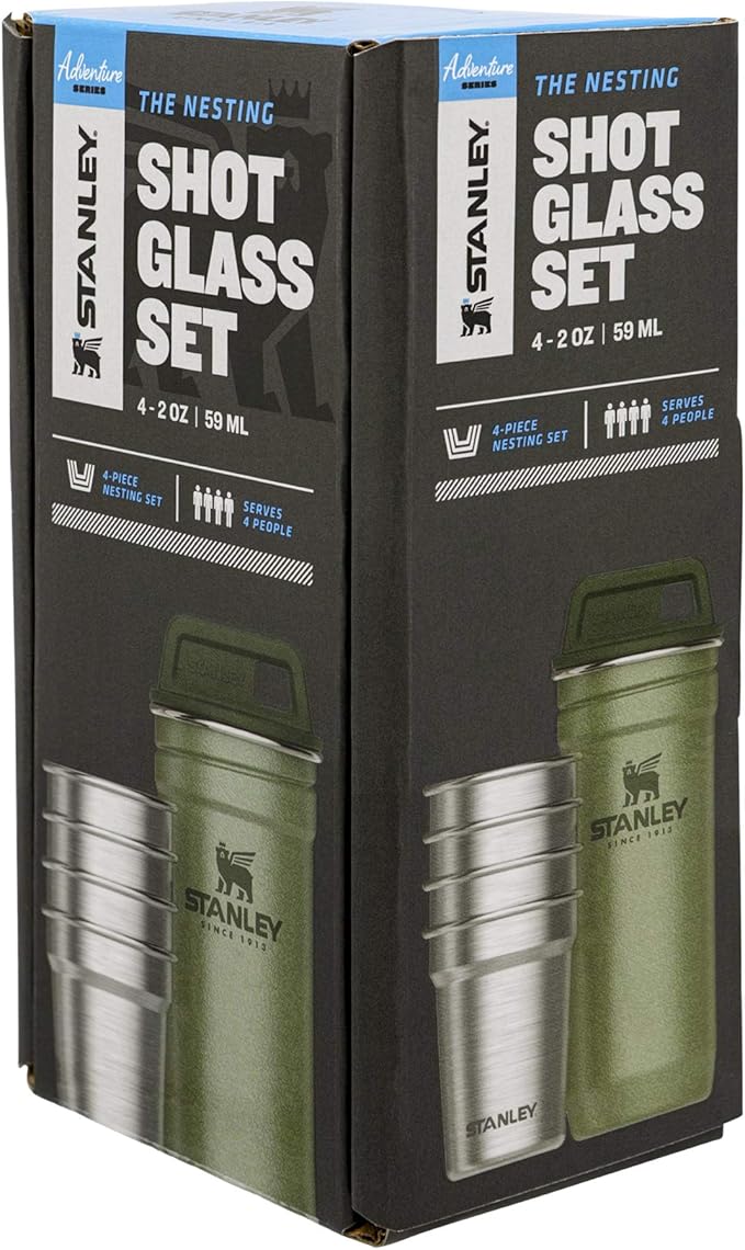 STANLEY Adventure Pre-Party Nesting Shot Glass Set | 4 Shot Glasses in Travel Carrying Case | 2 oz Stainless Steel Shooters | BPA-Free | Hammertone Green